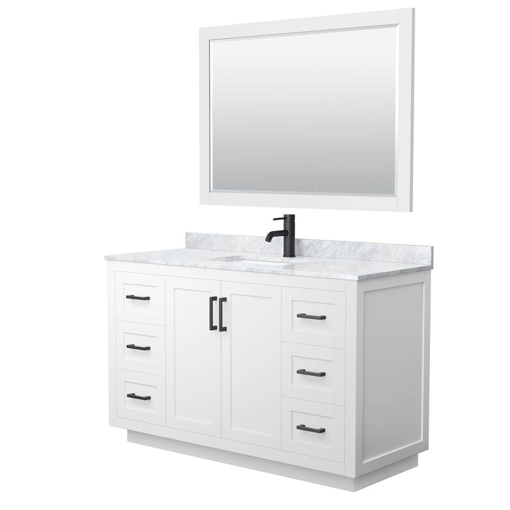 Wyndham Collection - Miranda 54 Inch Single Bathroom Vanity in White, White Carrara Marble Countertop, Undermount Square Sink, Matte Black Trim, 46 Inch Mirror