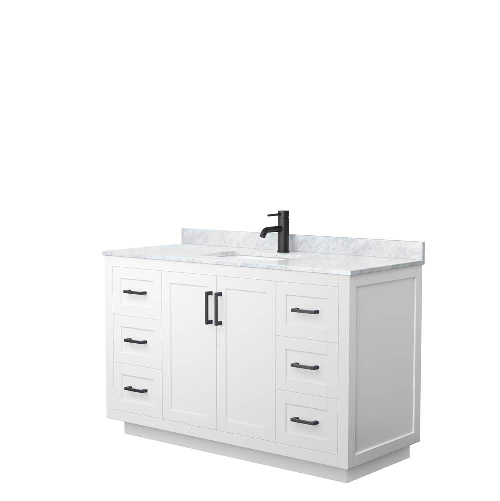 Wyndham Collection - Miranda 54 Inch Single Bathroom Vanity in White, White Carrara Marble Countertop, Undermount Square Sink, Matte Black Trim