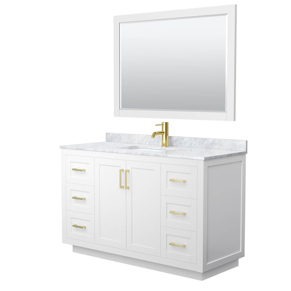 Wyndham Collection - Miranda 54 Inch Single Bathroom Vanity in White, White Carrara Marble Countertop, Undermount Square Sink, Brushed Gold Trim, 46 Inch Mirror