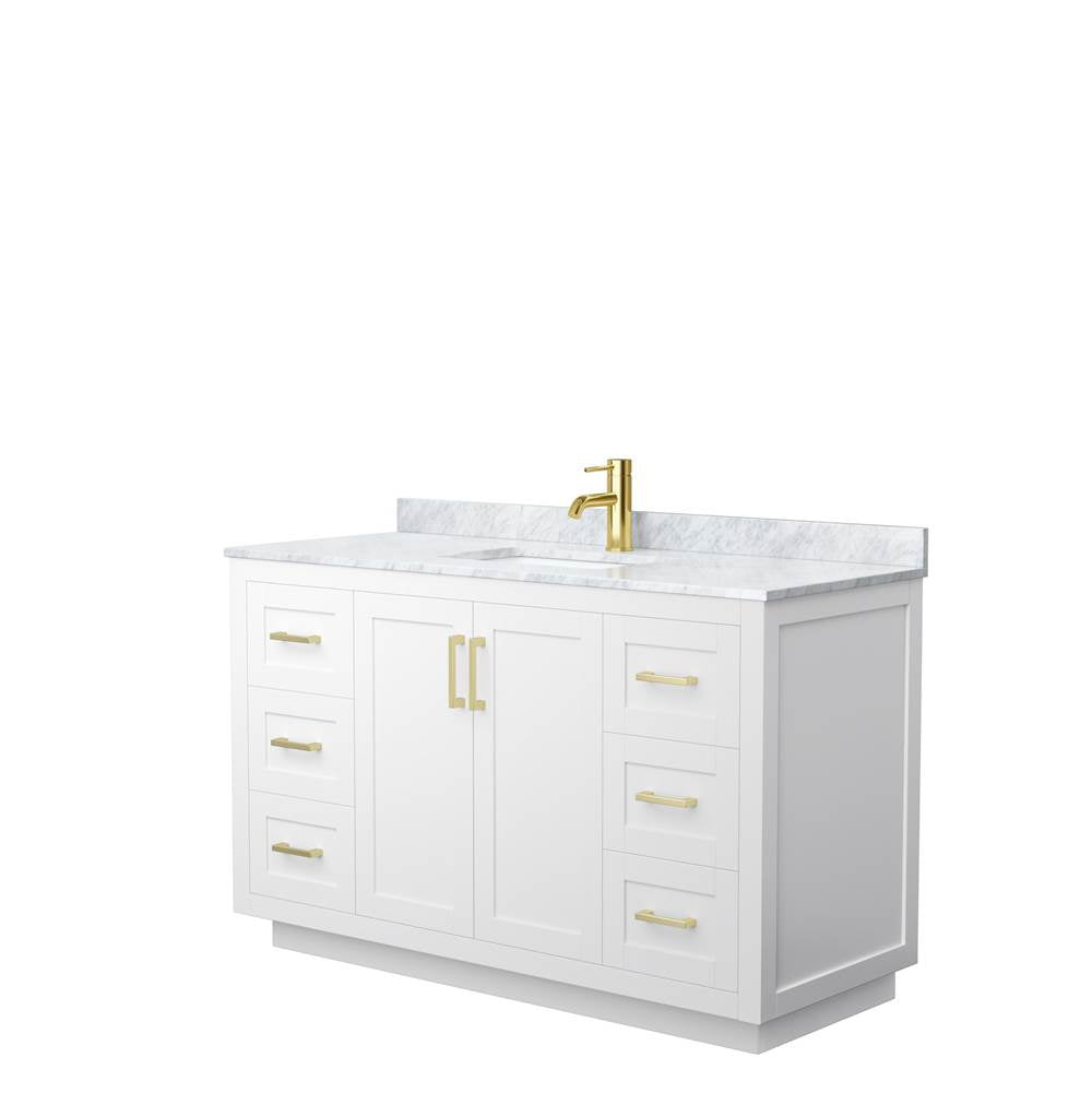 Wyndham Collection - Miranda 54 Inch Single Bathroom Vanity in White, White Carrara Marble Countertop, Undermount Square Sink, Brushed Gold Trim