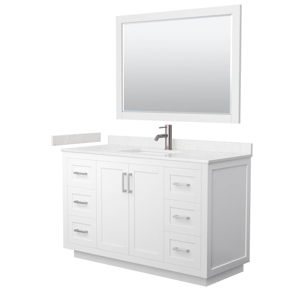 Wyndham Collection - Miranda 54 Inch Single Bathroom Vanity in White, Carrara Cultured Marble Countertop, Undermount Square Sink, Brushed Nickel Trim, 46 Inch Mirror