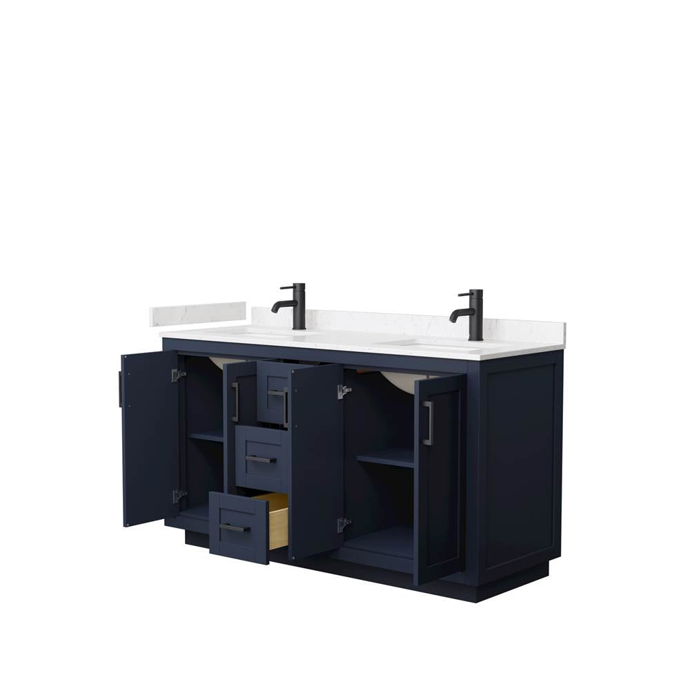 Miranda 60 Inch Double Bathroom Vanity in Dark Blue, Carrara Cultured Marble Countertop, Undermount Square Sinks, Matte Black Trim
