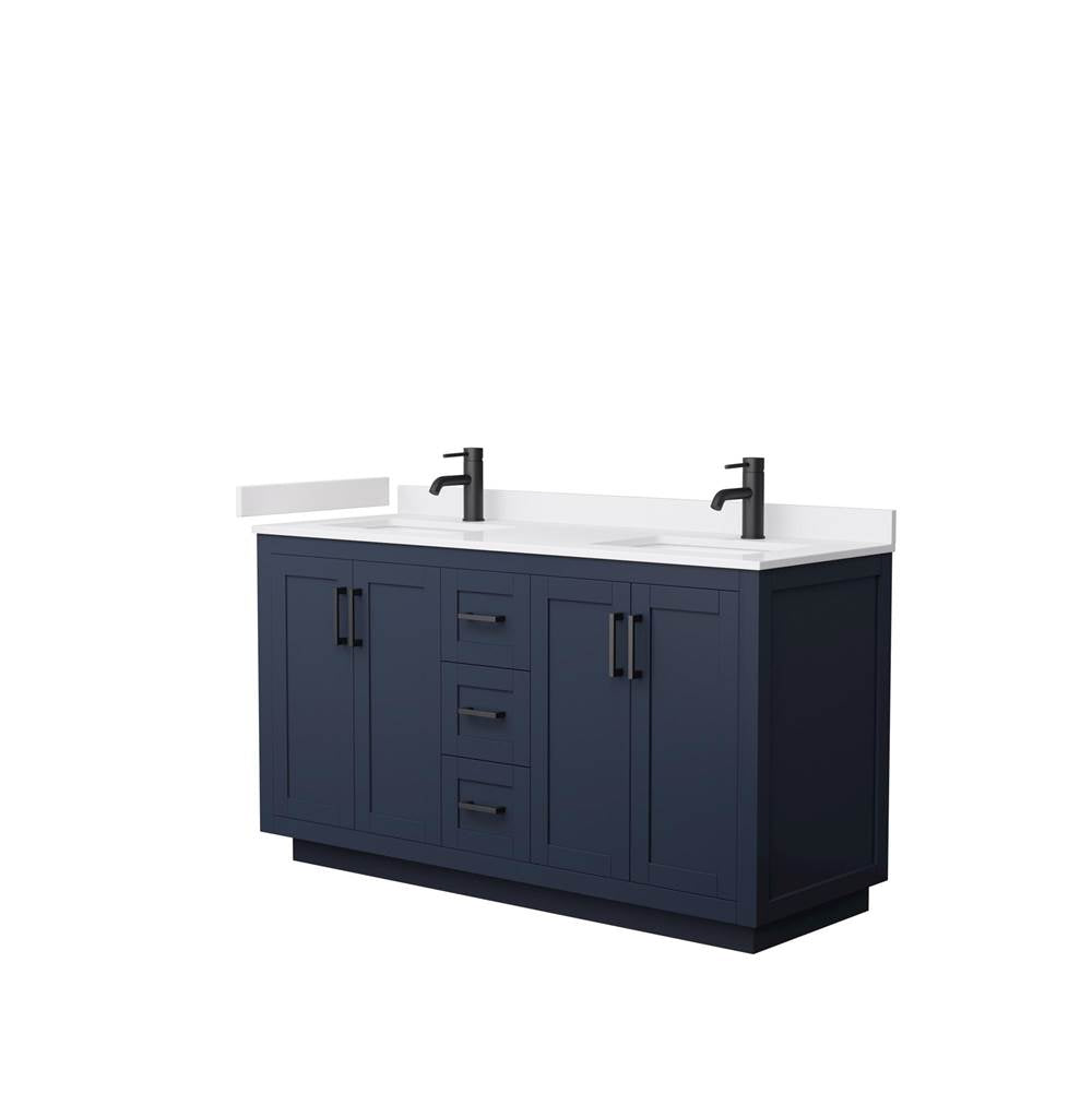 Wyndham Collection - Miranda 60 Inch Double Bathroom Vanity in Dark Blue, White Cultured Marble Countertop, Undermount Square Sinks, Matte Black Trim