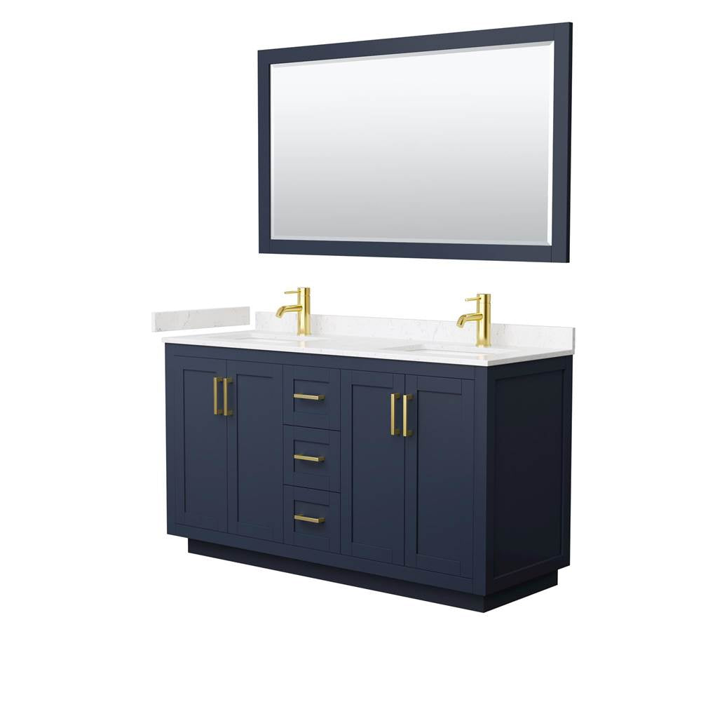 Wyndham Collection - Miranda 60 Inch Double Bathroom Vanity in Dark Blue, Carrara Cultured Marble Countertop, Undermount Square Sinks, Brushed Gold Trim, 58 Inch Mirror