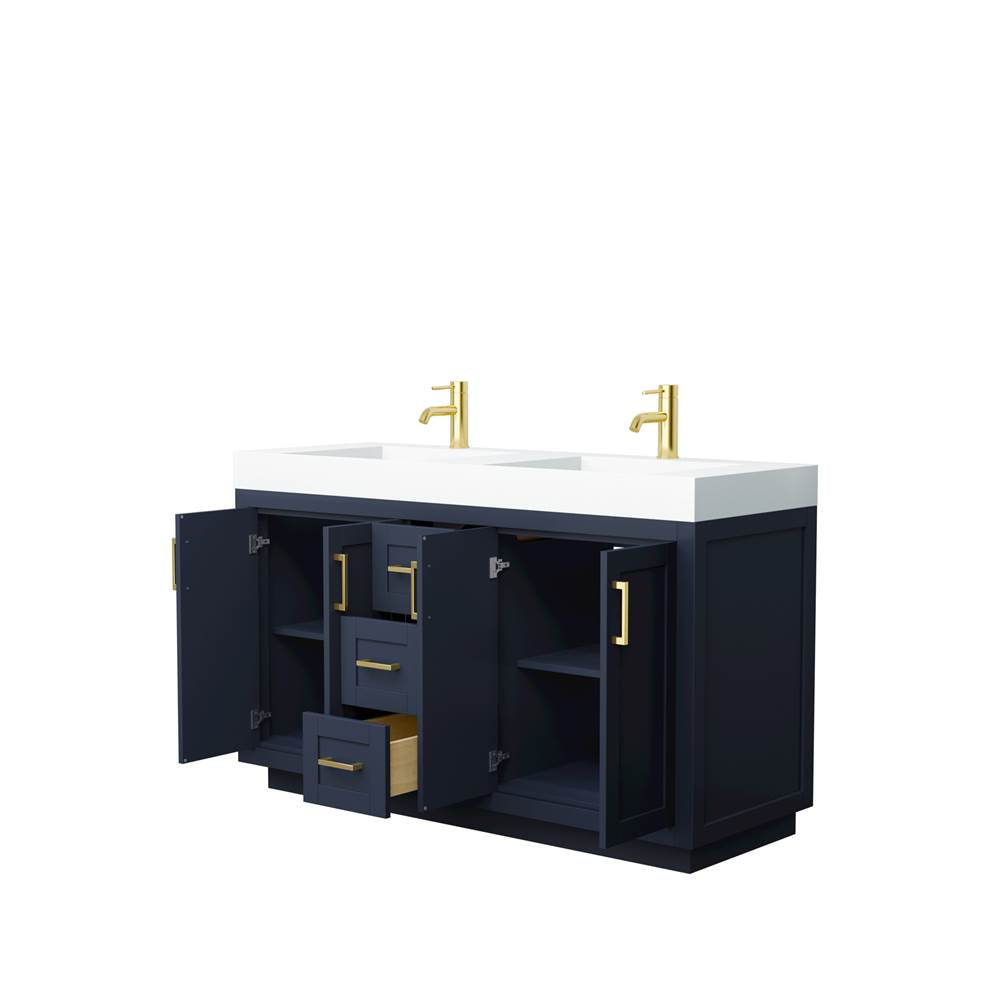 Miranda 60 Inch Double Bathroom Vanity in Dark Blue, 4 Inch Thick Matte White Solid Surface Countertop, Integrated Sinks, Brushed Gold Trim