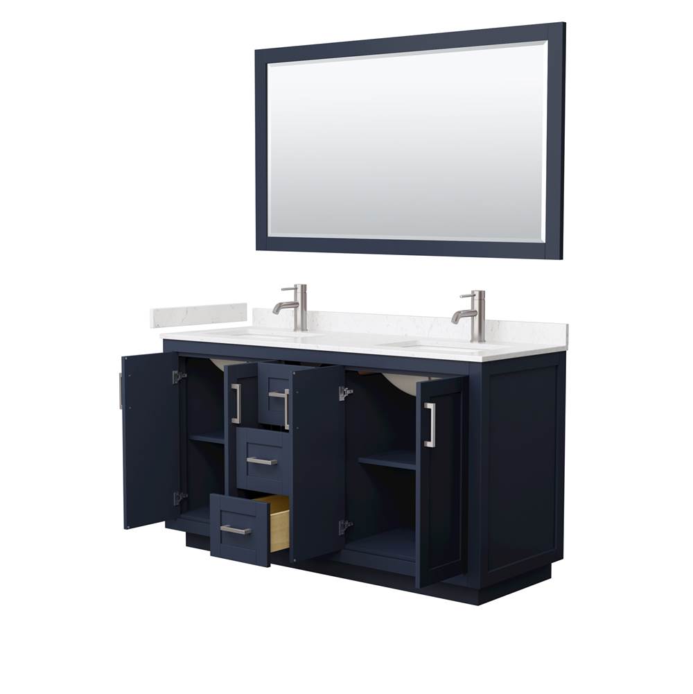 Miranda 60 Inch Double Bathroom Vanity in Dark Blue, Carrara Cultured Marble Countertop, Undermount Square Sinks, Brushed Nickel Trim, 58 Inch Mirror
