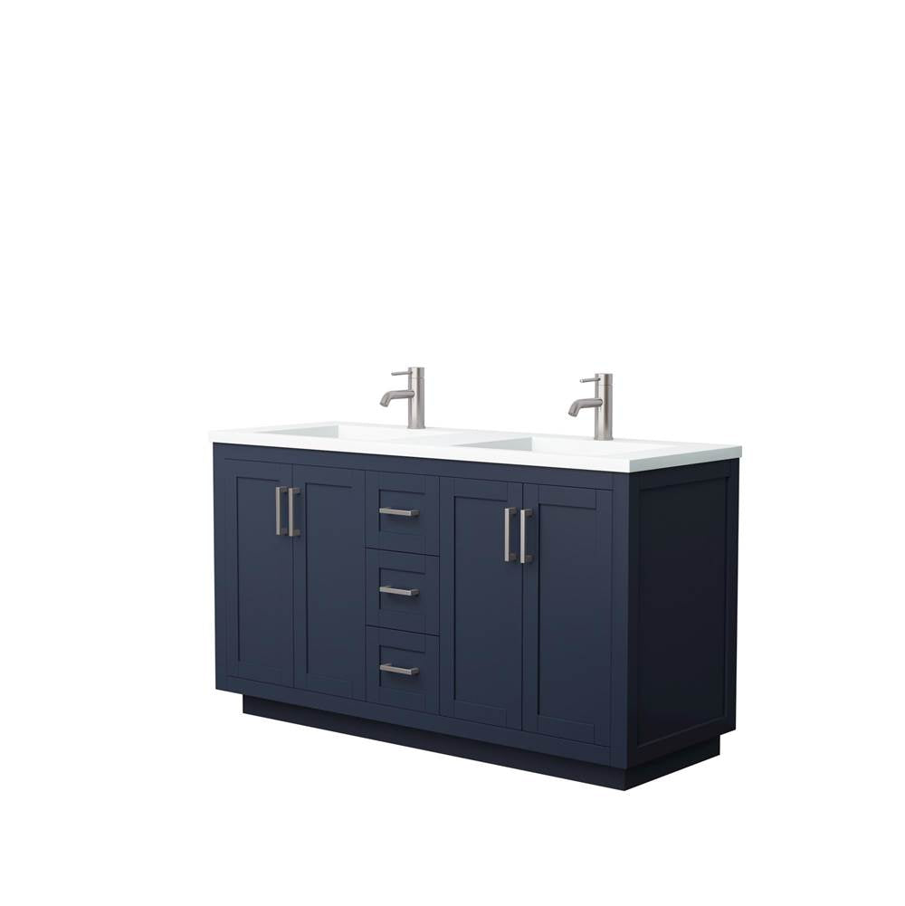 Wyndham Collection - Miranda 60 Inch Double Bathroom Vanity in Dark Blue, 1.25 Inch Thick Matte White Solid Surface Countertop, Integrated Sinks, Brushed Nickel Trim