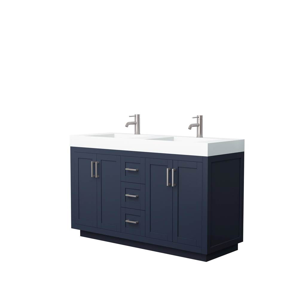 Wyndham Collection - Miranda 60 Inch Double Bathroom Vanity in Dark Blue, 4 Inch Thick Matte White Solid Surface Countertop, Integrated Sinks, Brushed Nickel Trim