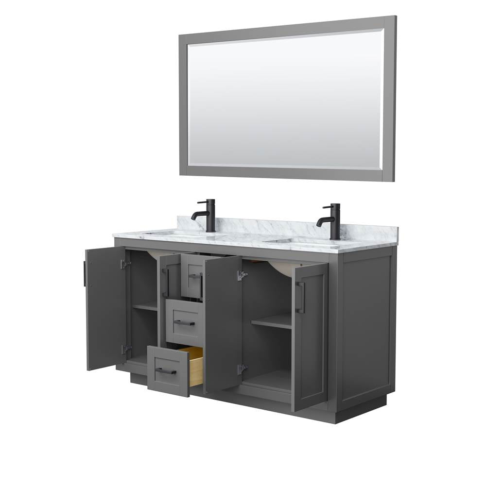 Miranda 60 Inch Double Bathroom Vanity in Dark Gray, White Carrara Marble Countertop, Undermount Square Sinks, Matte Black Trim, 58 Inch Mirror