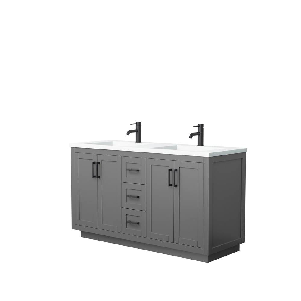 Wyndham Collection - Miranda 60 Inch Double Bathroom Vanity in Dark Gray, 1.25 Inch Thick Matte White Solid Surface Countertop, Integrated Sinks, Matte Black Trim