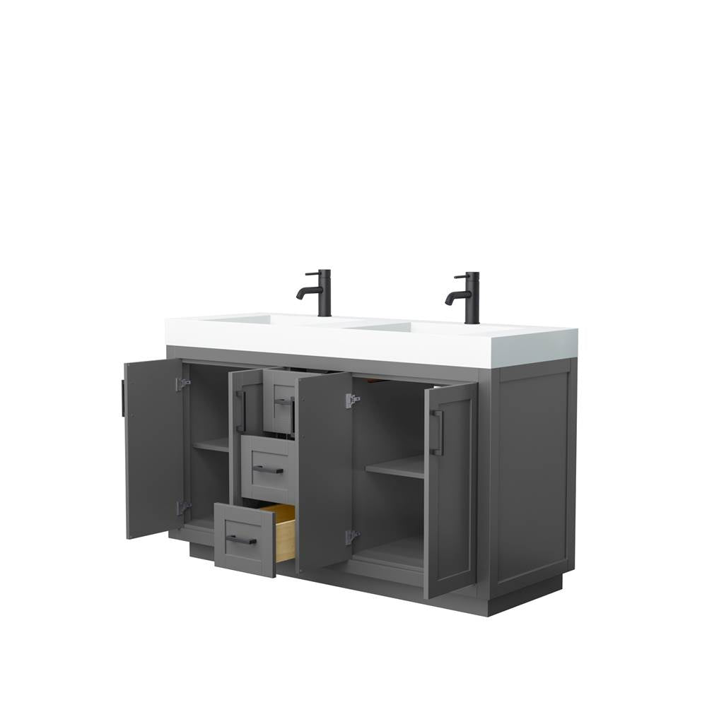 Miranda 60 Inch Double Bathroom Vanity in Dark Gray, 4 Inch Thick Matte White Solid Surface Countertop, Integrated Sinks, Matte Black Trim