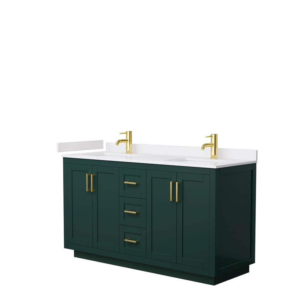 Wyndham Collection - Miranda 60 Inch Double Bathroom Vanity in Green, White Cultured Marble Countertop, Undermount Square Sinks, Brushed Gold Trim