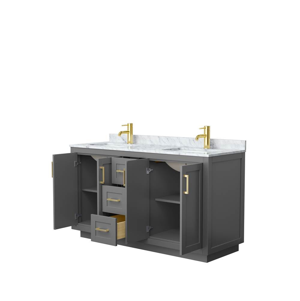 Miranda 60 Inch Double Bathroom Vanity in Dark Gray, White Carrara Marble Countertop, Undermount Square Sinks, Brushed Gold Trim