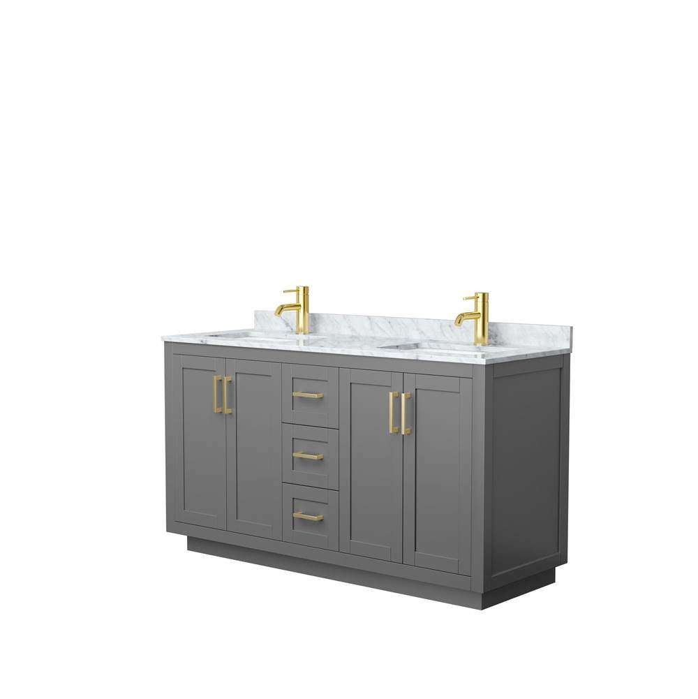 Wyndham Collection - Miranda 60 Inch Double Bathroom Vanity in Dark Gray, White Carrara Marble Countertop, Undermount Square Sinks, Brushed Gold Trim