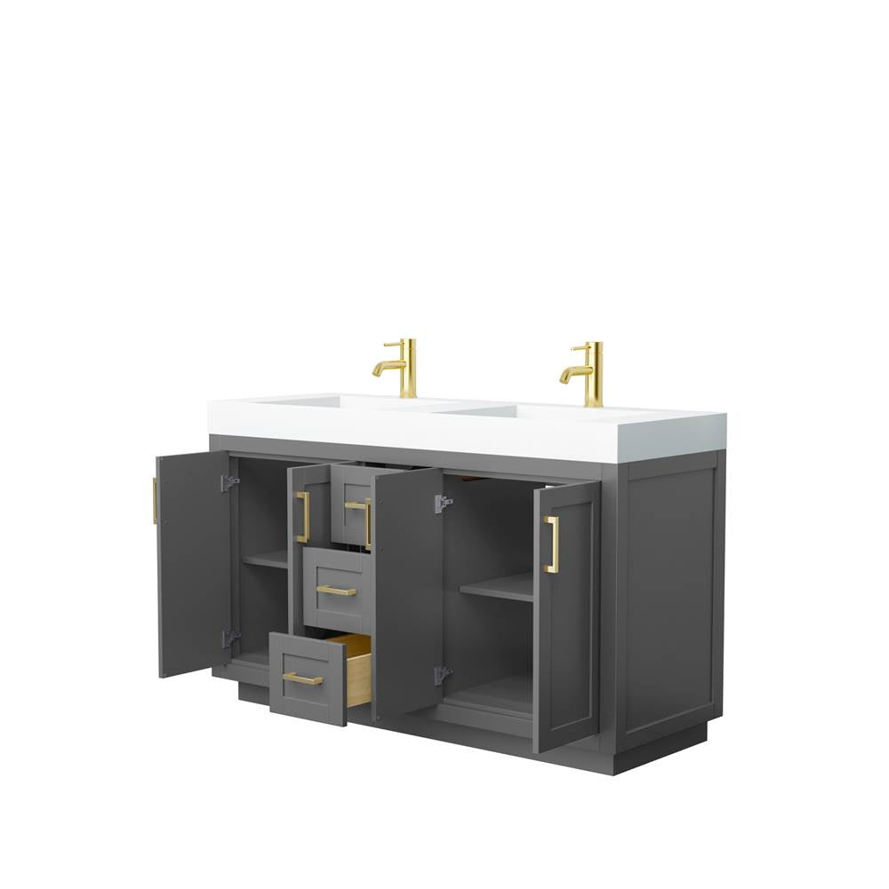 Miranda 60 Inch Double Bathroom Vanity in Dark Gray, 4 Inch Thick Matte White Solid Surface Countertop, Integrated Sinks, Brushed Gold Trim