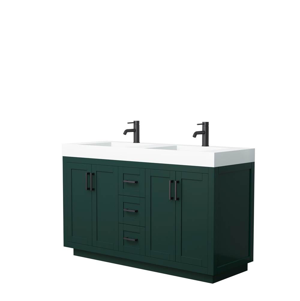 Wyndham Collection - Miranda 60 Inch Double Bathroom Vanity in Green, 4 Inch Thick Matte White Solid Surface Countertop, Integrated Sinks, Matte Black Trim