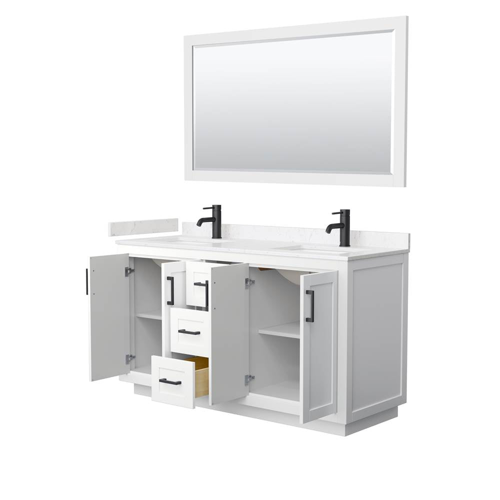 Miranda 60 Inch Double Bathroom Vanity in White, Carrara Cultured Marble Countertop, Undermount Square Sinks, Matte Black Trim, 58 Inch Mirror