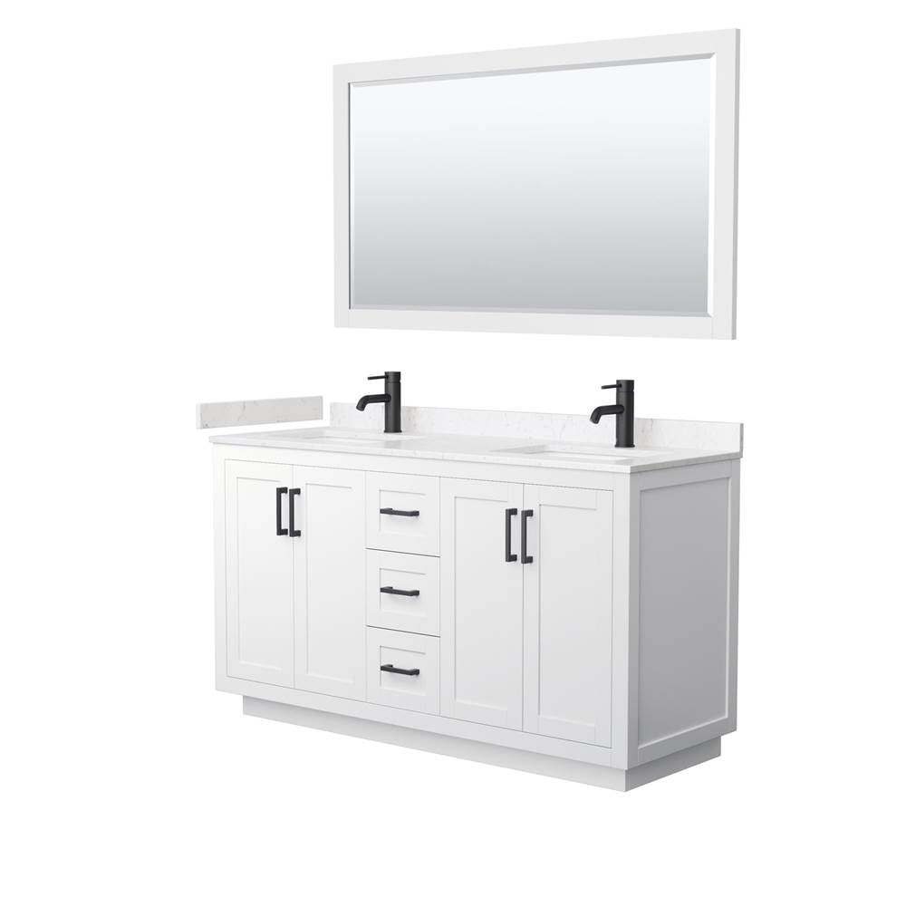 Wyndham Collection - Miranda 60 Inch Double Bathroom Vanity in White, Carrara Cultured Marble Countertop, Undermount Square Sinks, Matte Black Trim, 58 Inch Mirror