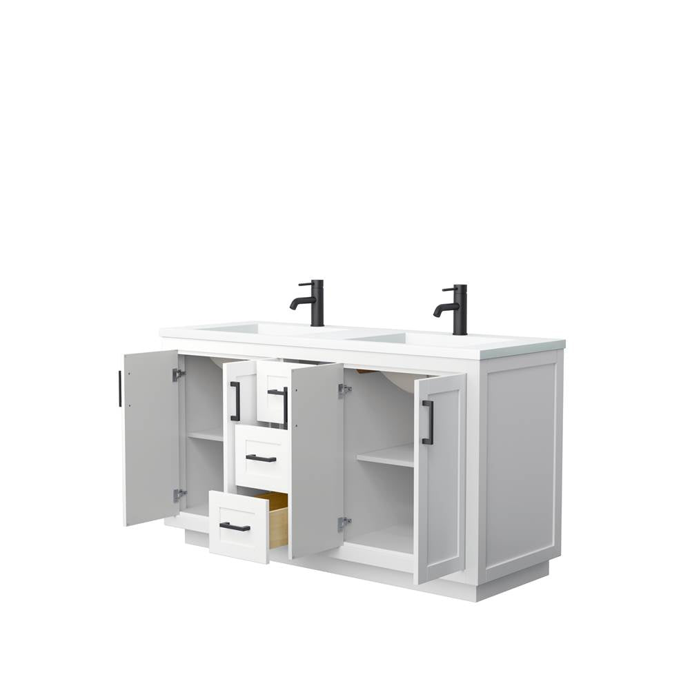 Miranda 60 Inch Double Bathroom Vanity in White, 1.25 Inch Thick Matte White Solid Surface Countertop, Integrated Sinks, Matte Black Trim