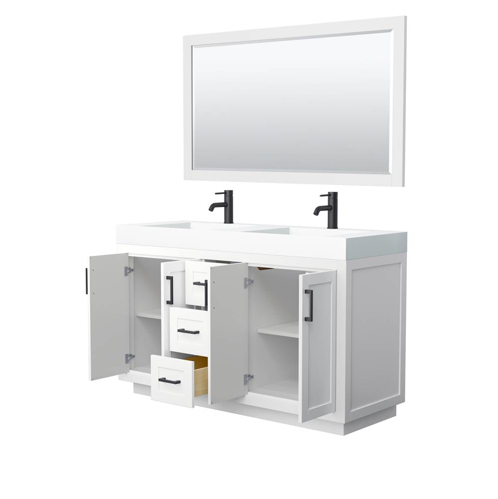 Miranda 60 Inch Double Bathroom Vanity in White, 4 Inch Thick Matte White Solid Surface Countertop, Integrated Sinks, Matte Black Trim, 58 Inch Mirror