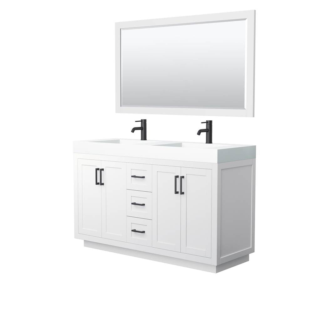 Wyndham Collection - Miranda 60 Inch Double Bathroom Vanity in White, 4 Inch Thick Matte White Solid Surface Countertop, Integrated Sinks, Matte Black Trim, 58 Inch Mirror