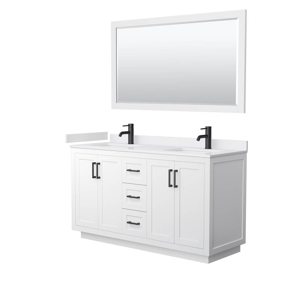 Wyndham Collection - Miranda 60 Inch Double Bathroom Vanity in White, White Cultured Marble Countertop, Undermount Square Sinks, Matte Black Trim, 58 Inch Mirror