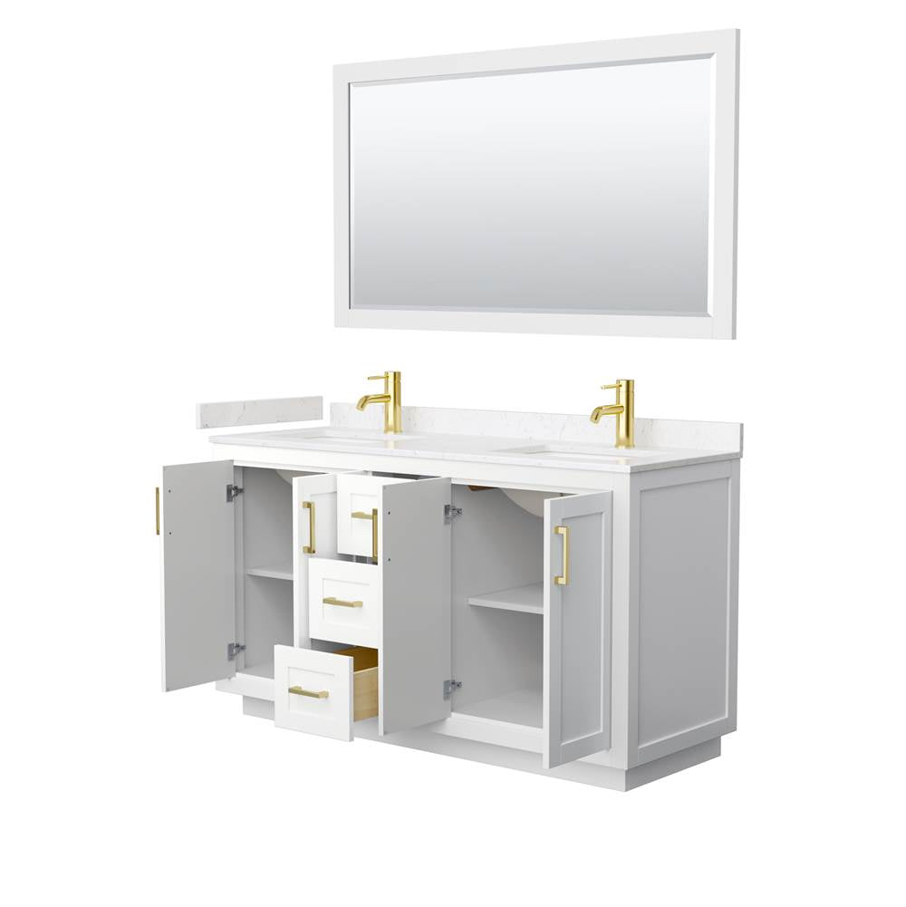 Miranda 60 Inch Double Bathroom Vanity in White, Carrara Cultured Marble Countertop, Undermount Square Sinks, Brushed Gold Trim, 58 Inch Mirror