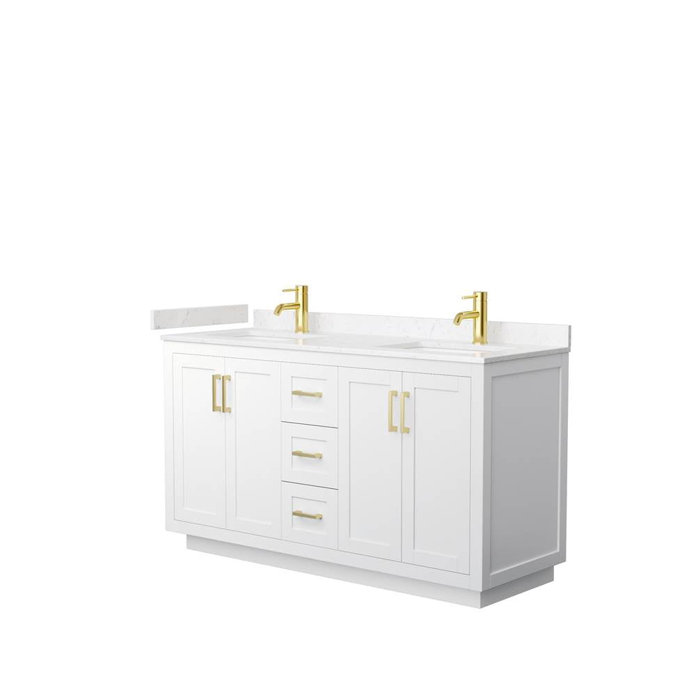 Wyndham Collection - Miranda 60 Inch Double Bathroom Vanity in White, Carrara Cultured Marble Countertop, Undermount Square Sinks, Brushed Gold Trim