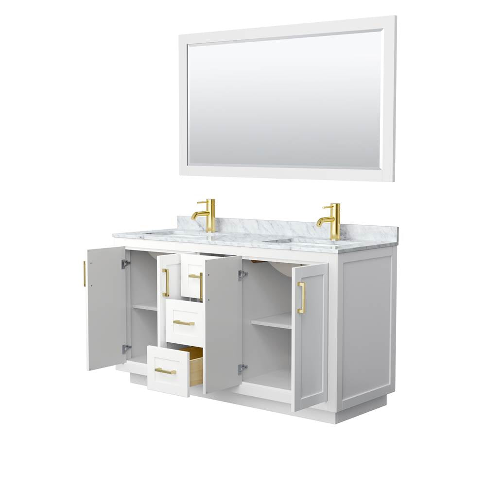 Miranda 60 Inch Double Bathroom Vanity in White, White Carrara Marble Countertop, Undermount Square Sinks, Brushed Gold Trim, 58 Inch Mirror