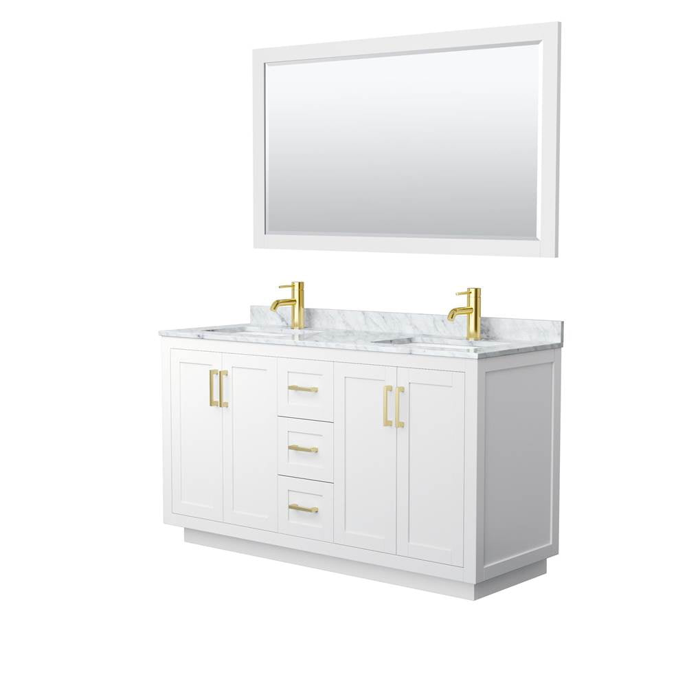 Wyndham Collection - Miranda 60 Inch Double Bathroom Vanity in White, White Carrara Marble Countertop, Undermount Square Sinks, Brushed Gold Trim, 58 Inch Mirror