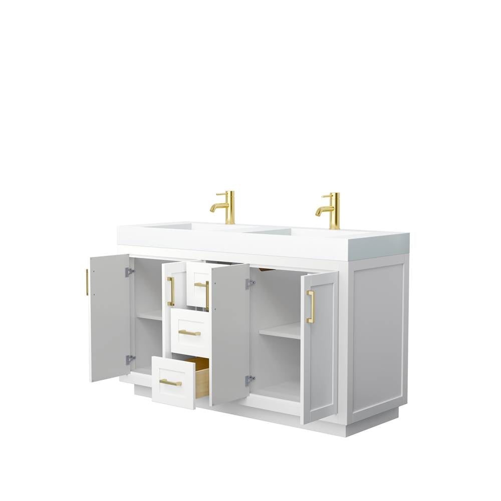 Miranda 60 Inch Double Bathroom Vanity in White, 4 Inch Thick Matte White Solid Surface Countertop, Integrated Sinks, Brushed Gold Trim