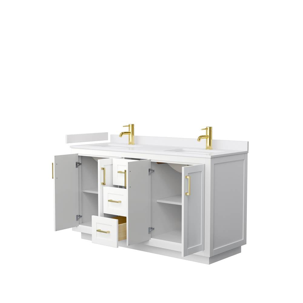 Miranda 60 Inch Double Bathroom Vanity in White, White Cultured Marble Countertop, Undermount Square Sinks, Brushed Gold Trim