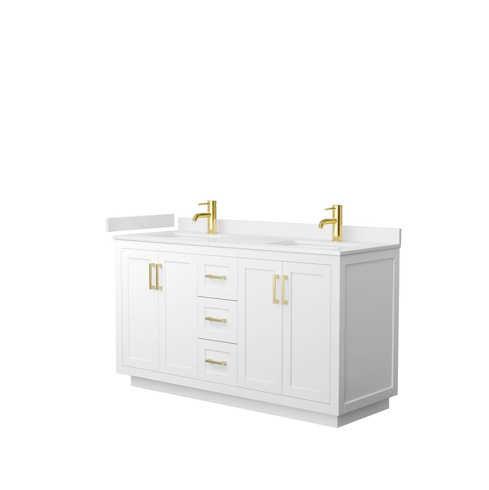 Wyndham Collection - Miranda 60 Inch Double Bathroom Vanity in White, White Cultured Marble Countertop, Undermount Square Sinks, Brushed Gold Trim
