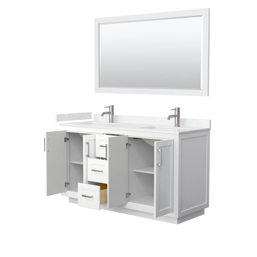 Miranda 60 Inch Double Bathroom Vanity in White, Carrara Cultured Marble Countertop, Undermount Square Sinks, Brushed Nickel Trim, 58 Inch Mirror