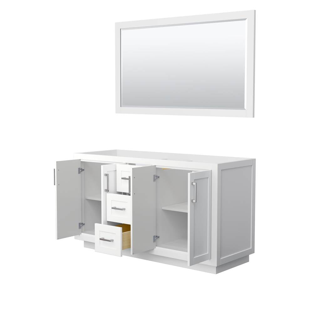 Miranda 60 Inch Double Bathroom Vanity in White, No Countertop, No Sink, Brushed Nickel Trim, 58 Inch Mirror