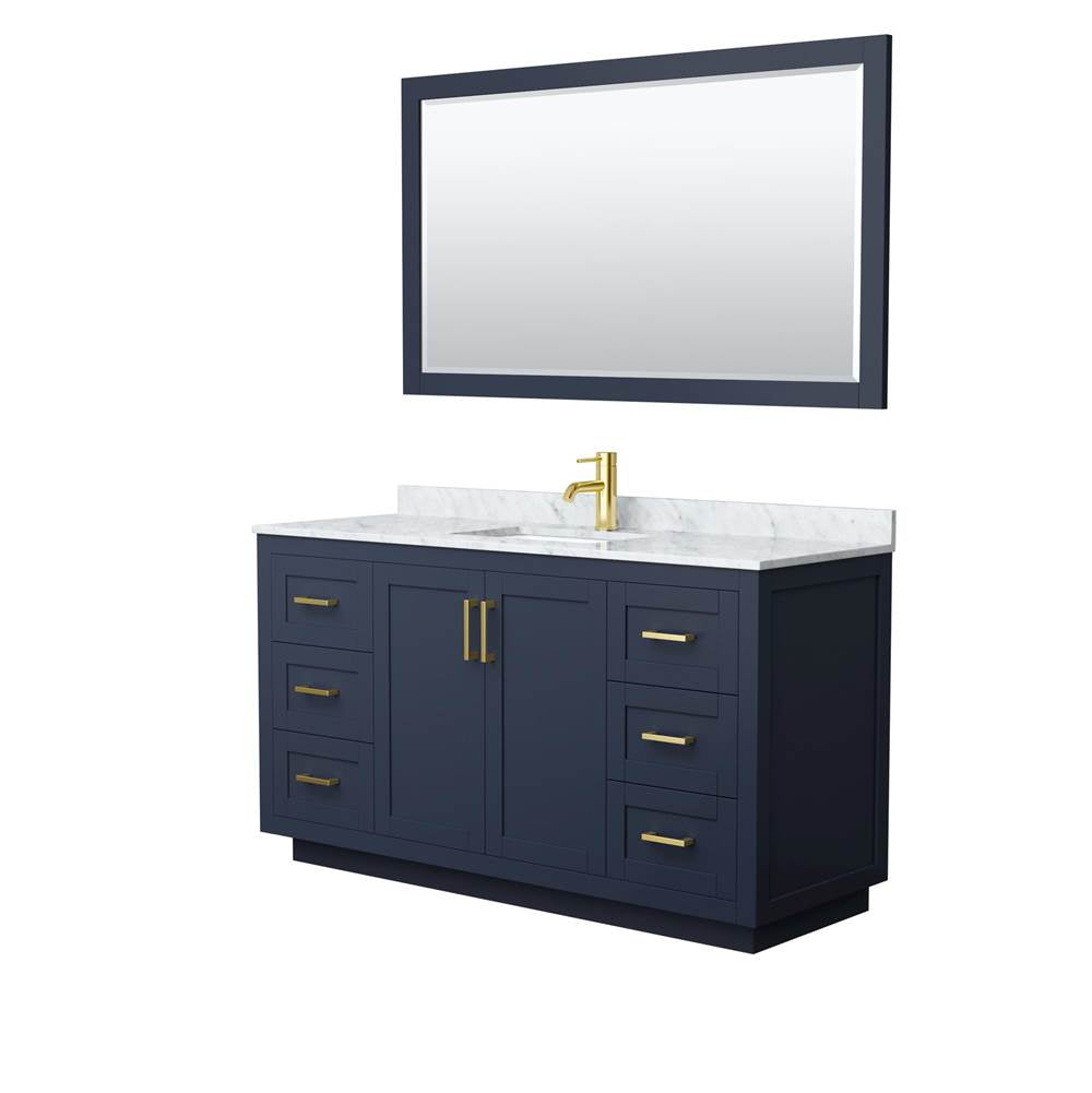 Wyndham Collection - Miranda 60 Inch Single Bathroom Vanity in Dark Blue, White Carrara Marble Countertop, Undermount Square Sink, Brushed Gold Trim, 58 Inch Mirror