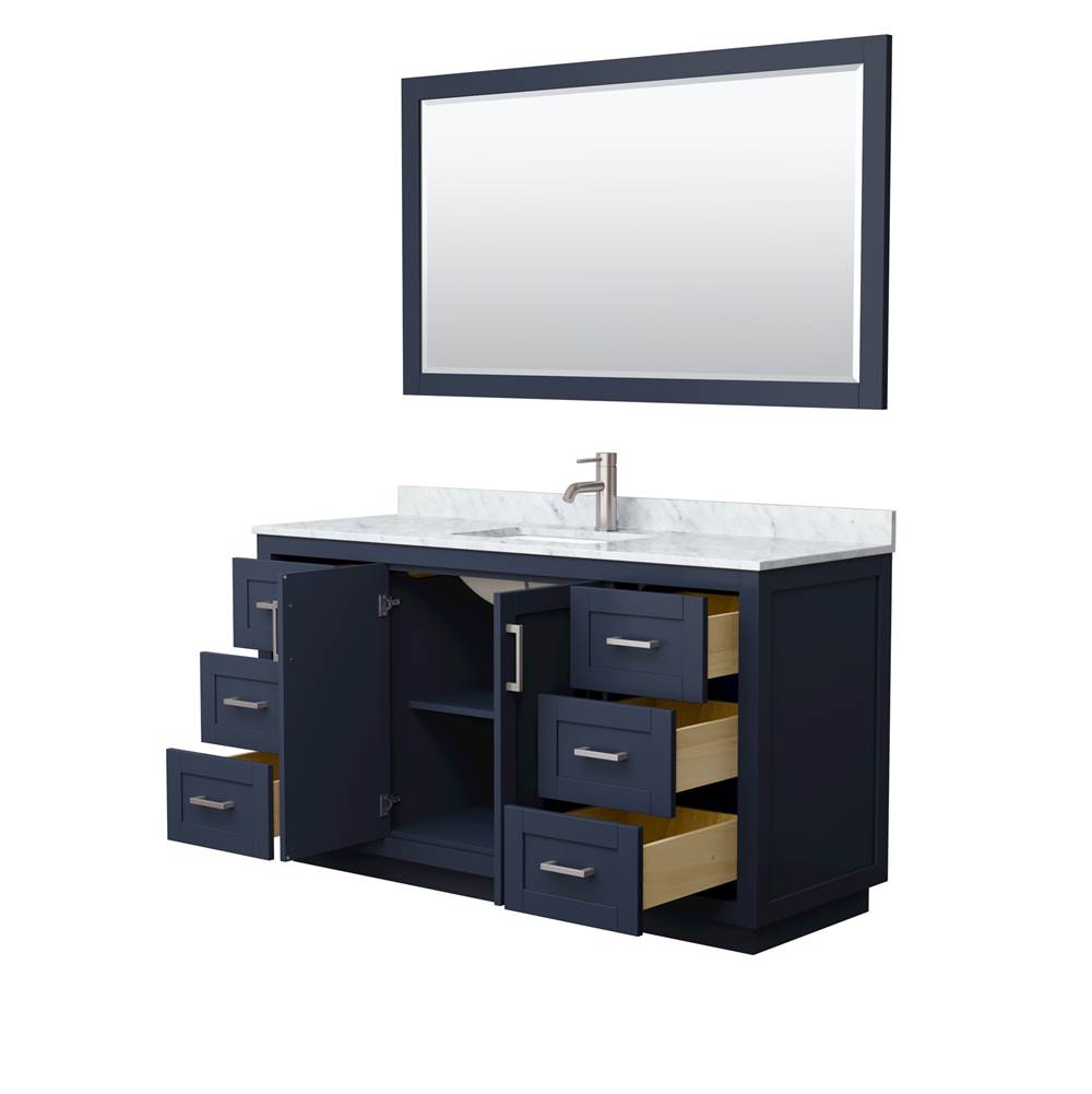 Miranda 60 Inch Single Bathroom Vanity in Dark Blue, White Carrara Marble Countertop, Undermount Square Sink, Brushed Nickel Trim, 58 Inch Mirror