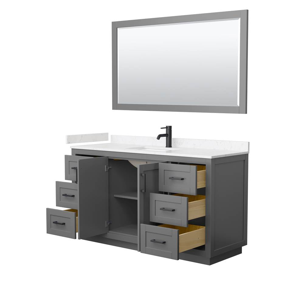 Miranda 60 Inch Single Bathroom Vanity in Dark Gray, Carrara Cultured Marble Countertop, Undermount Square Sink, Matte Black Trim, 58 Inch Mirror