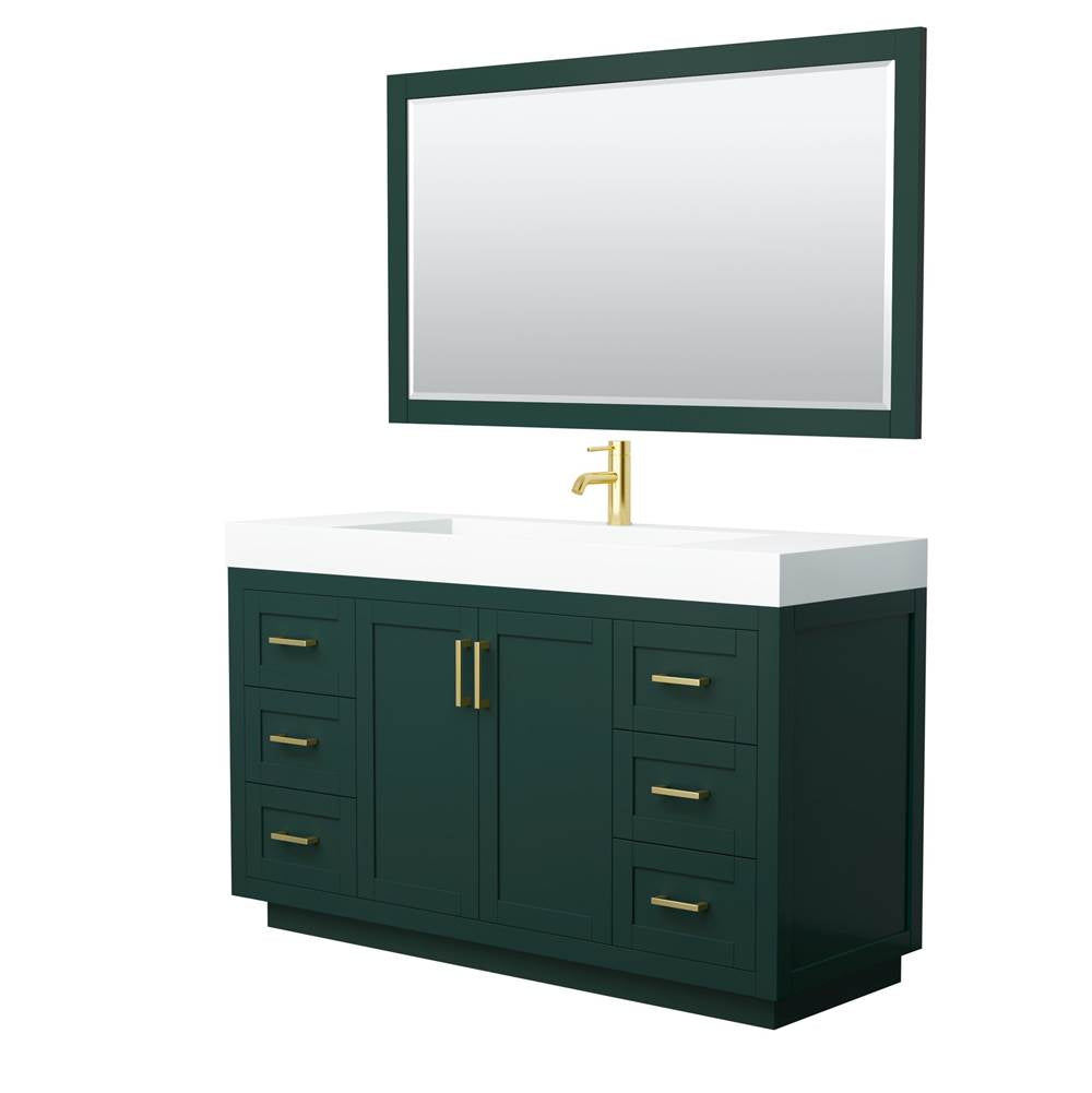 Wyndham Collection - Miranda 60 Inch Single Bathroom Vanity in Green, 4 Inch Thick Matte White Solid Surface Countertop, Integrated Sink, Brushed Gold Trim, 58 Inch Mirror