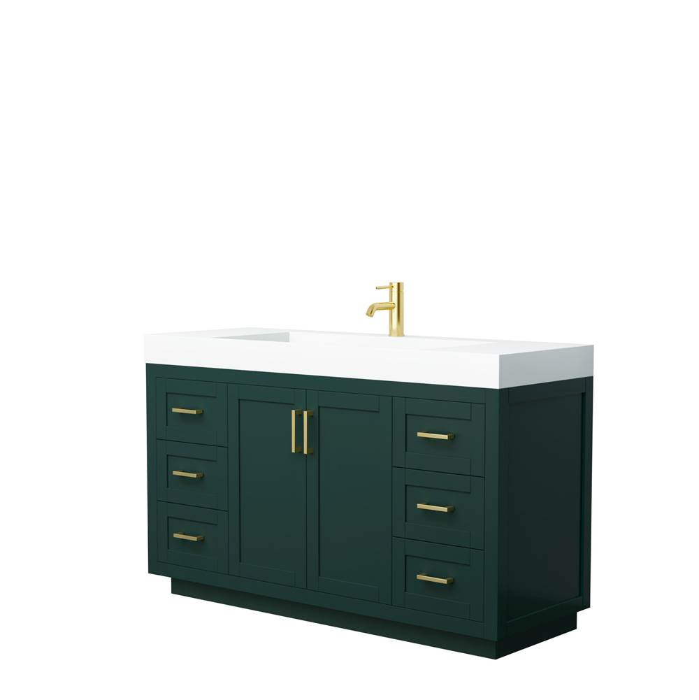 Wyndham Collection - Miranda 60 Inch Single Bathroom Vanity in Green, 4 Inch Thick Matte White Solid Surface Countertop, Integrated Sink, Brushed Gold Trim