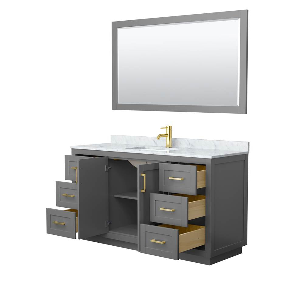 Miranda 60 Inch Single Bathroom Vanity in Dark Gray, White Carrara Marble Countertop, Undermount Square Sink, Brushed Gold Trim, 58 Inch Mirror