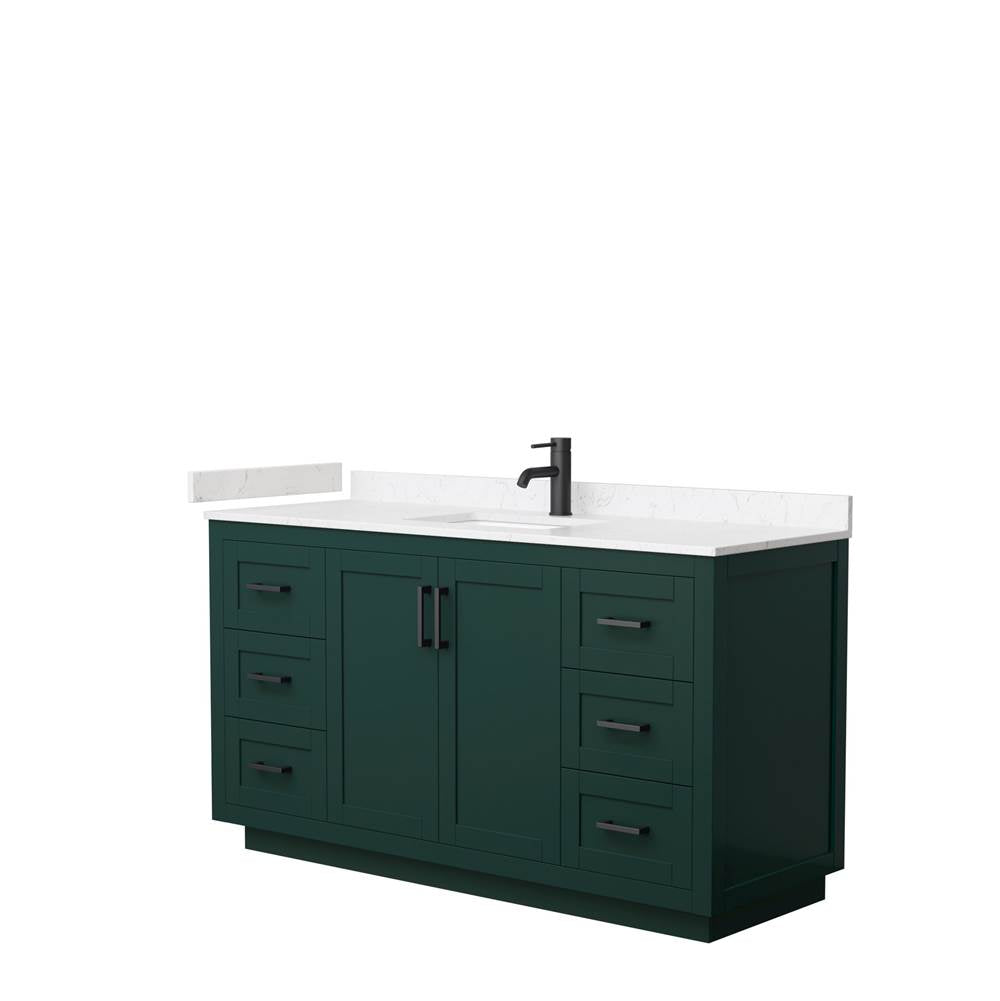 Wyndham Collection - Miranda 60 Inch Single Bathroom Vanity in Green, Carrara Cultured Marble Countertop, Undermount Square Sink, Matte Black Trim