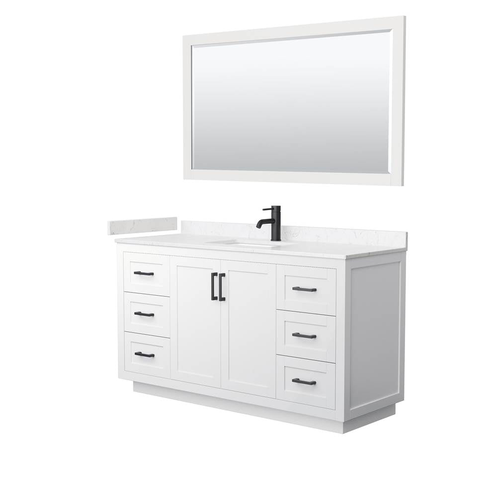 Wyndham Collection - Miranda 60 Inch Single Bathroom Vanity in White, Carrara Cultured Marble Countertop, Undermount Square Sink, Matte Black Trim, 58 Inch Mirror
