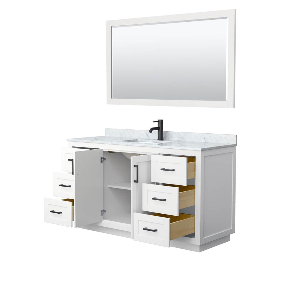 Miranda 60 Inch Single Bathroom Vanity in White, White Carrara Marble Countertop, Undermount Square Sink, Matte Black Trim, 58 Inch Mirror