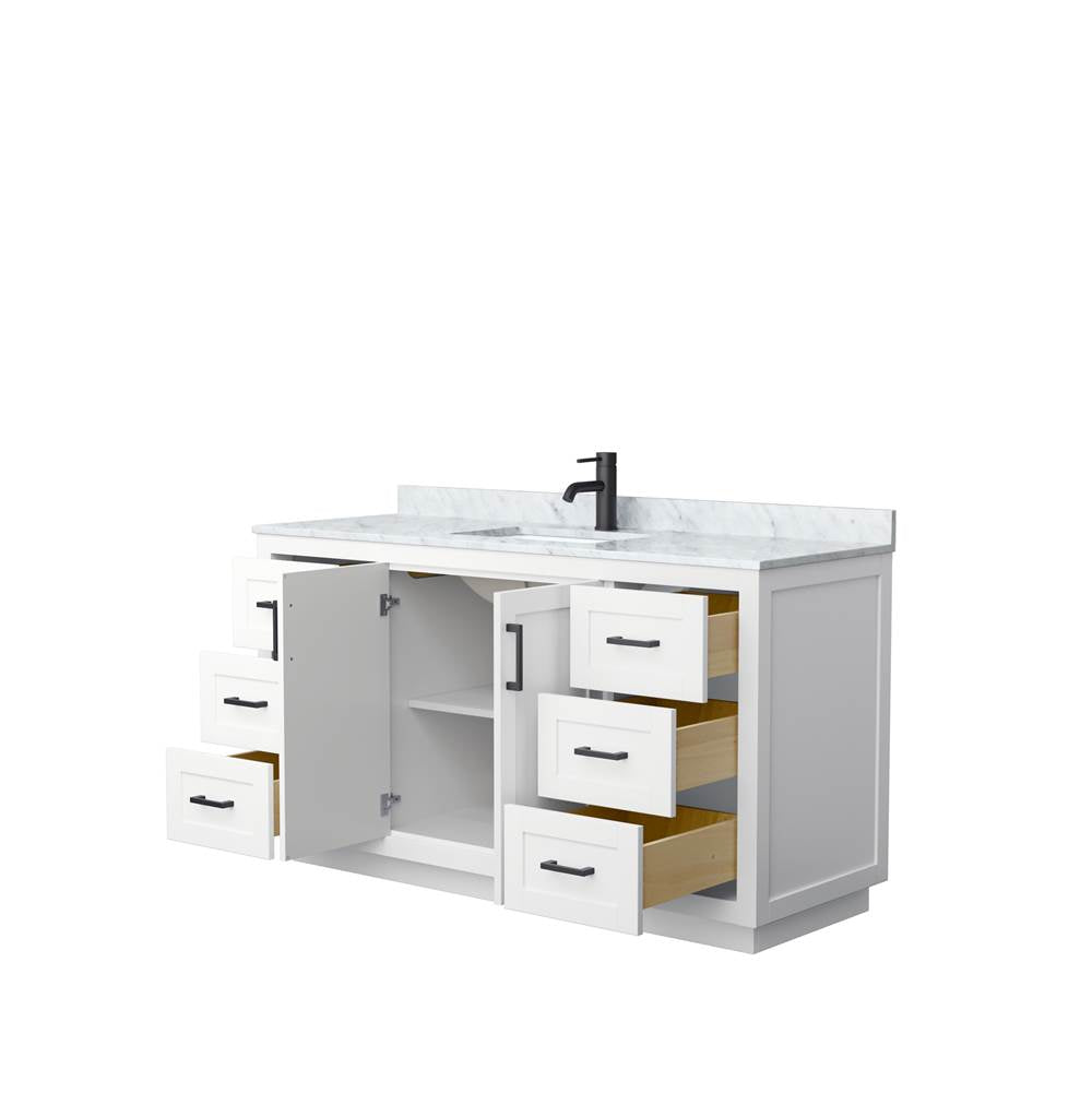 Miranda 60 Inch Single Bathroom Vanity in White, White Carrara Marble Countertop, Undermount Square Sink, Matte Black Trim