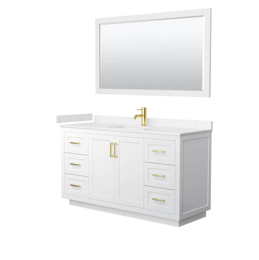 Wyndham Collection - Miranda 60 Inch Single Bathroom Vanity in White, Carrara Cultured Marble Countertop, Undermount Square Sink, Brushed Gold Trim, 58 Inch Mirror