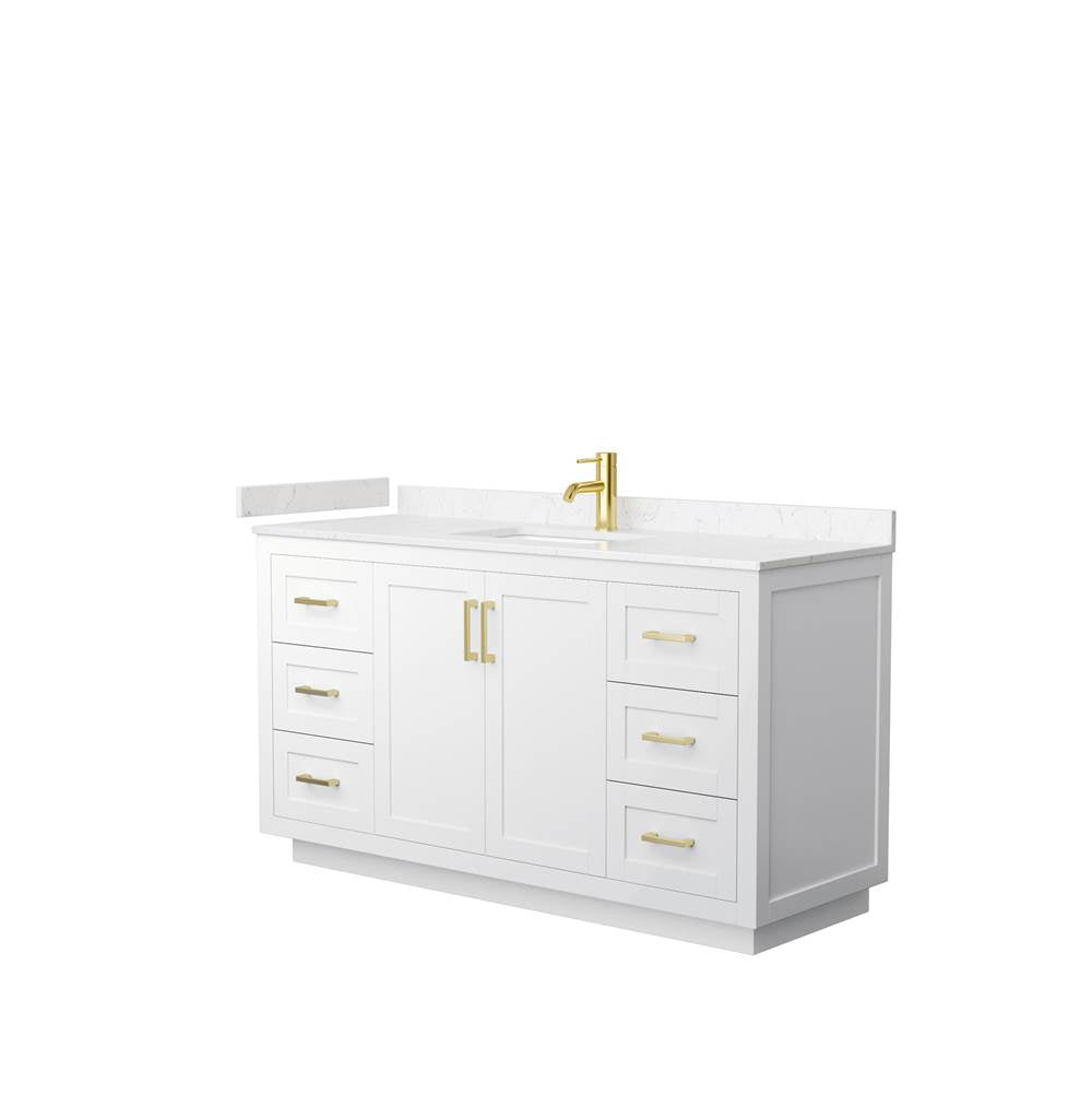 Wyndham Collection - Miranda 60 Inch Single Bathroom Vanity in White, Carrara Cultured Marble Countertop, Undermount Square Sink, Brushed Gold Trim
