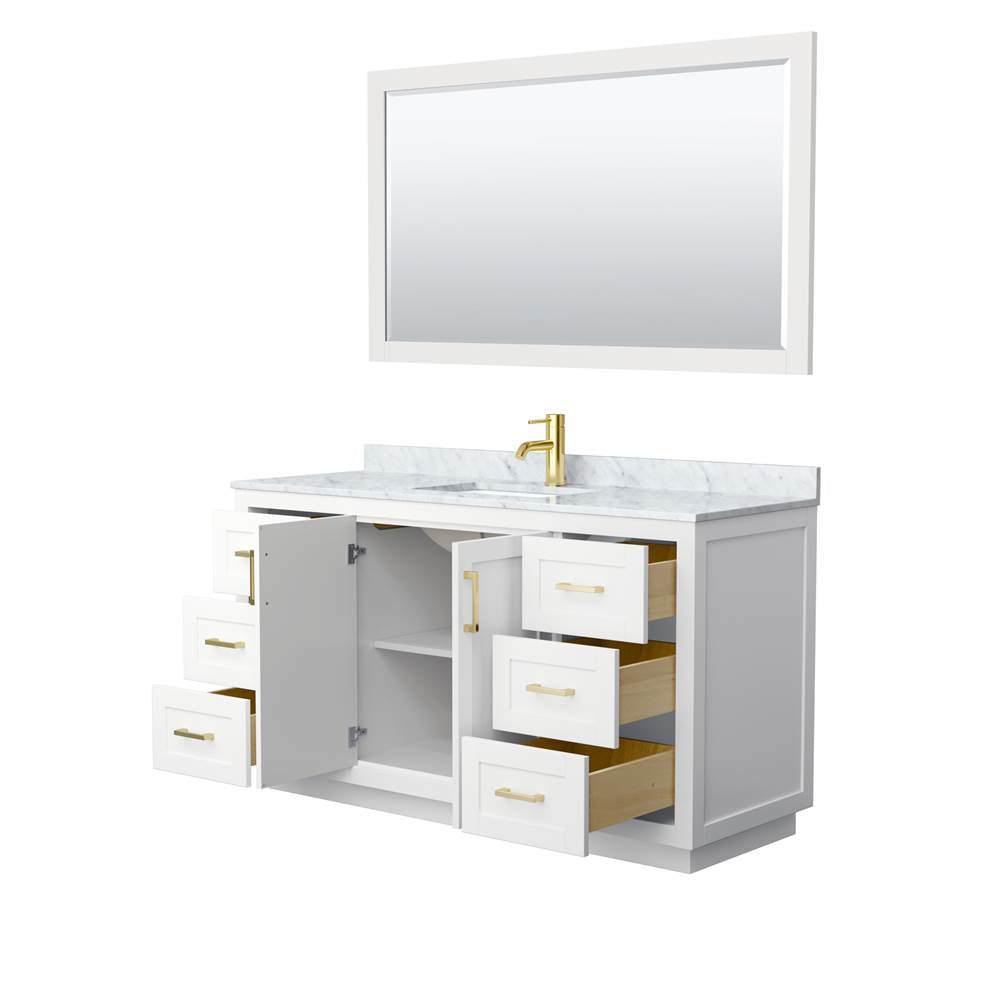 Miranda 60 Inch Single Bathroom Vanity in White, White Carrara Marble Countertop, Undermount Square Sink, Brushed Gold Trim, 58 Inch Mirror