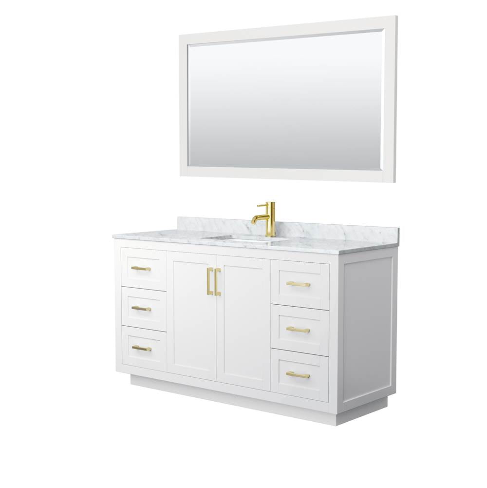 Wyndham Collection - Miranda 60 Inch Single Bathroom Vanity in White, White Carrara Marble Countertop, Undermount Square Sink, Brushed Gold Trim, 58 Inch Mirror