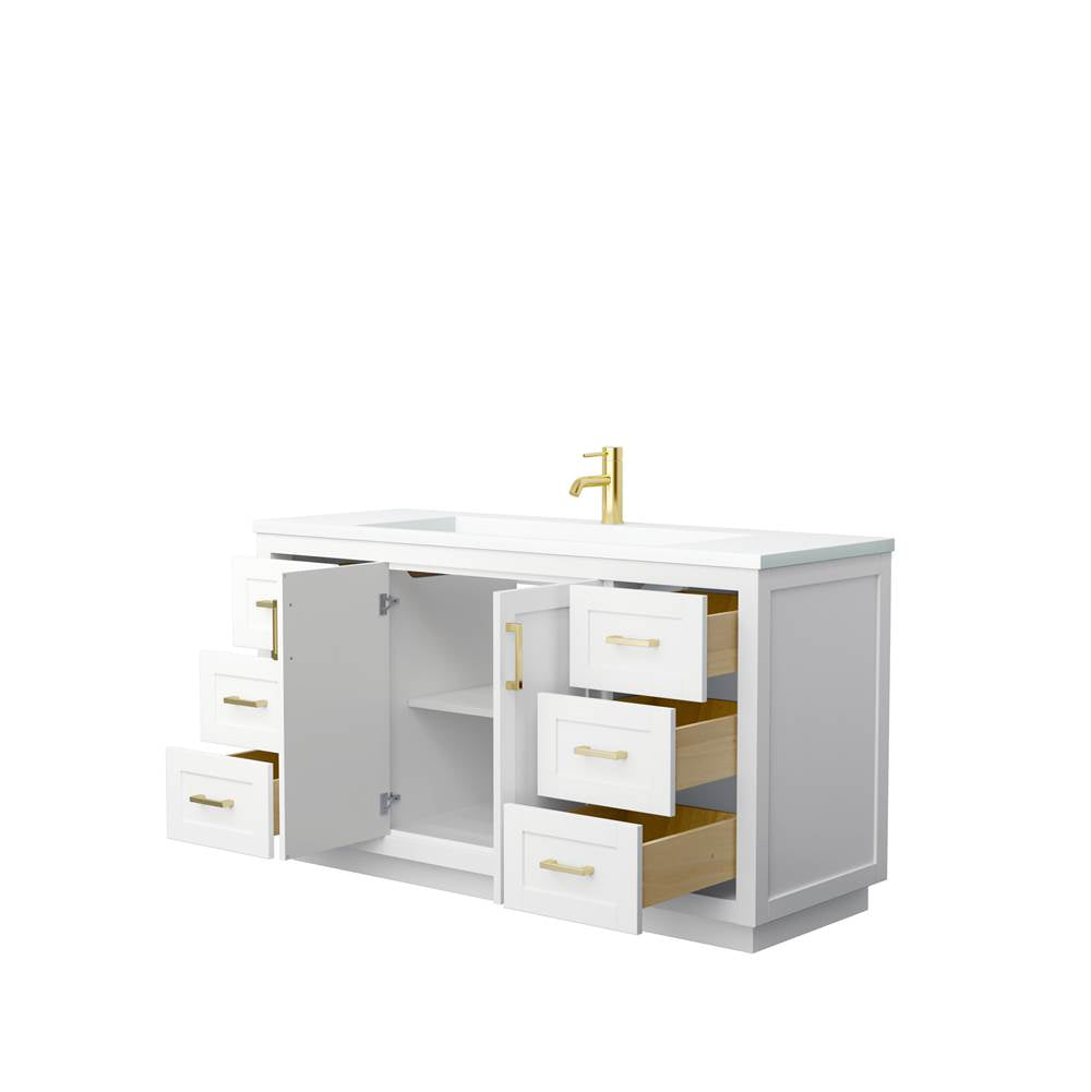 Miranda 60 Inch Single Bathroom Vanity in White, 1.25 Inch Thick Matte White Solid Surface Countertop, Integrated Sink, Brushed Gold Trim